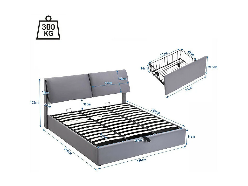 Samtbett mit Stauraum – 180 x 200 cm – mit 3 Schubladen – Grau (ohne Matratze)