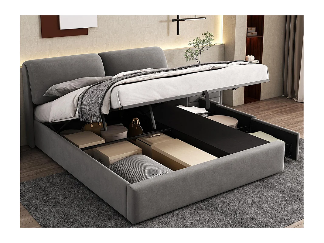 Lit coffre en velours - 180x200cm - avec 3 tiroirs - Gris (sans matelas)
