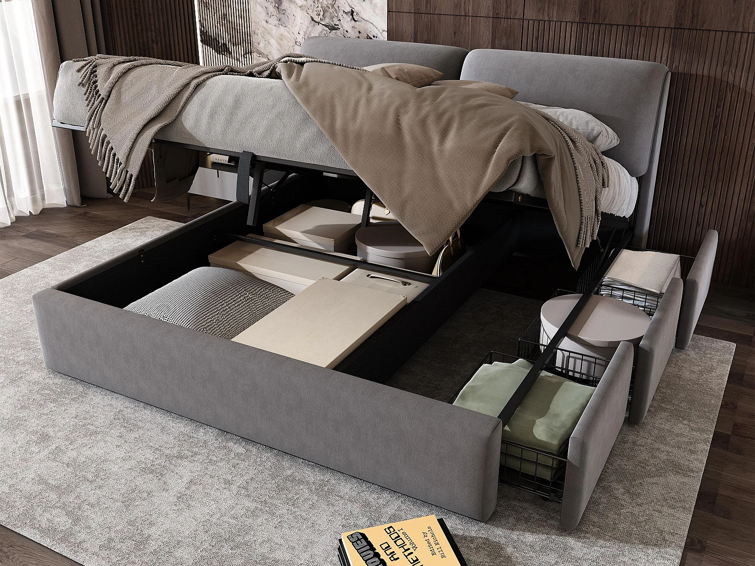 Samtbett mit Stauraum – 180 x 200 cm – mit 3 Schubladen – Grau (ohne Matratze)