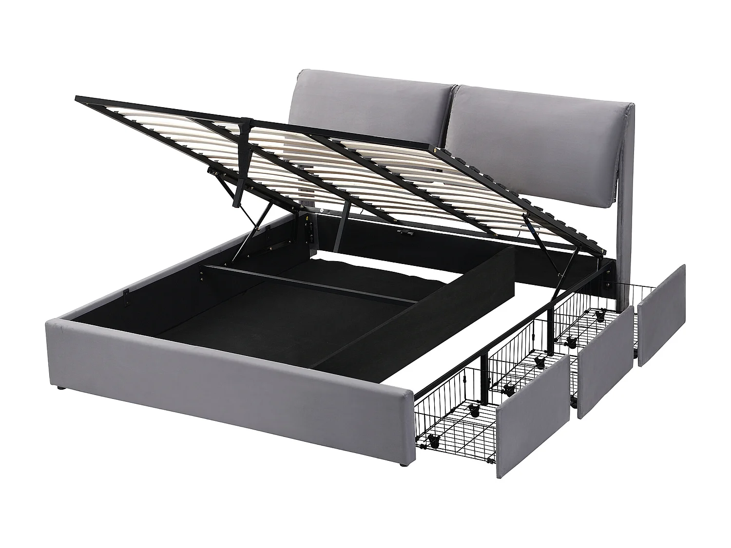 Samtbett mit Stauraum – 180 x 200 cm – mit 3 Schubladen – Grau (ohne Matratze)