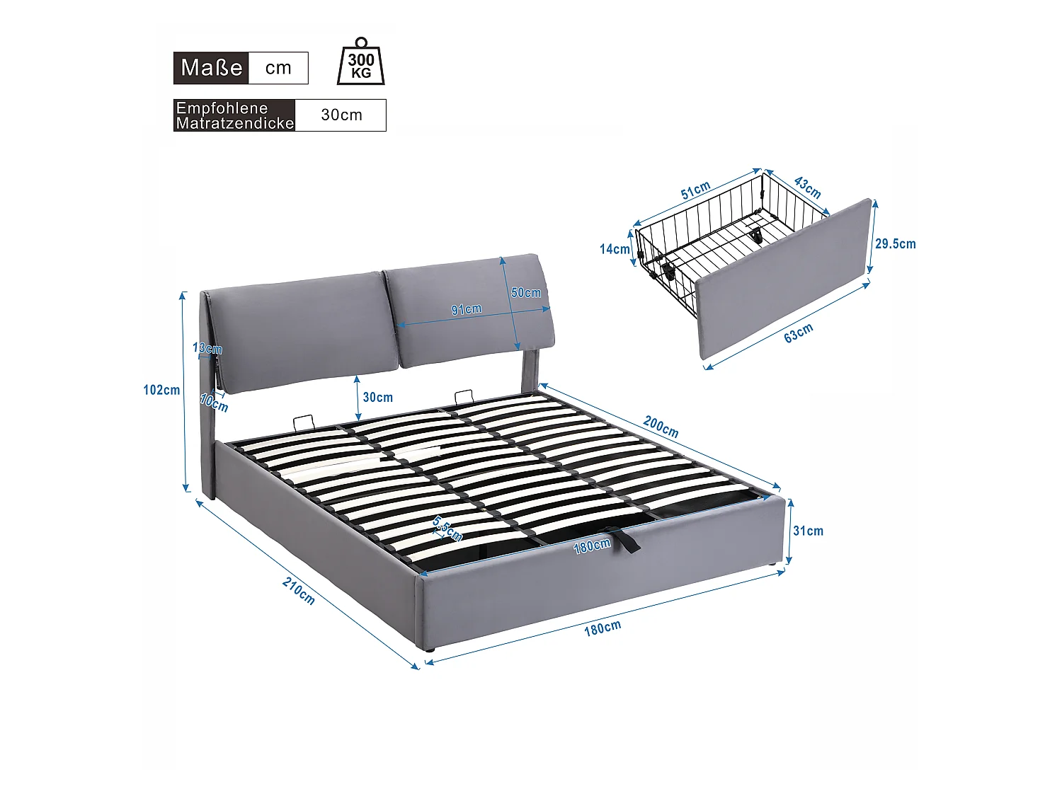 Lit coffre en velours - 180x200cm - avec 3 tiroirs - Gris (sans matelas)