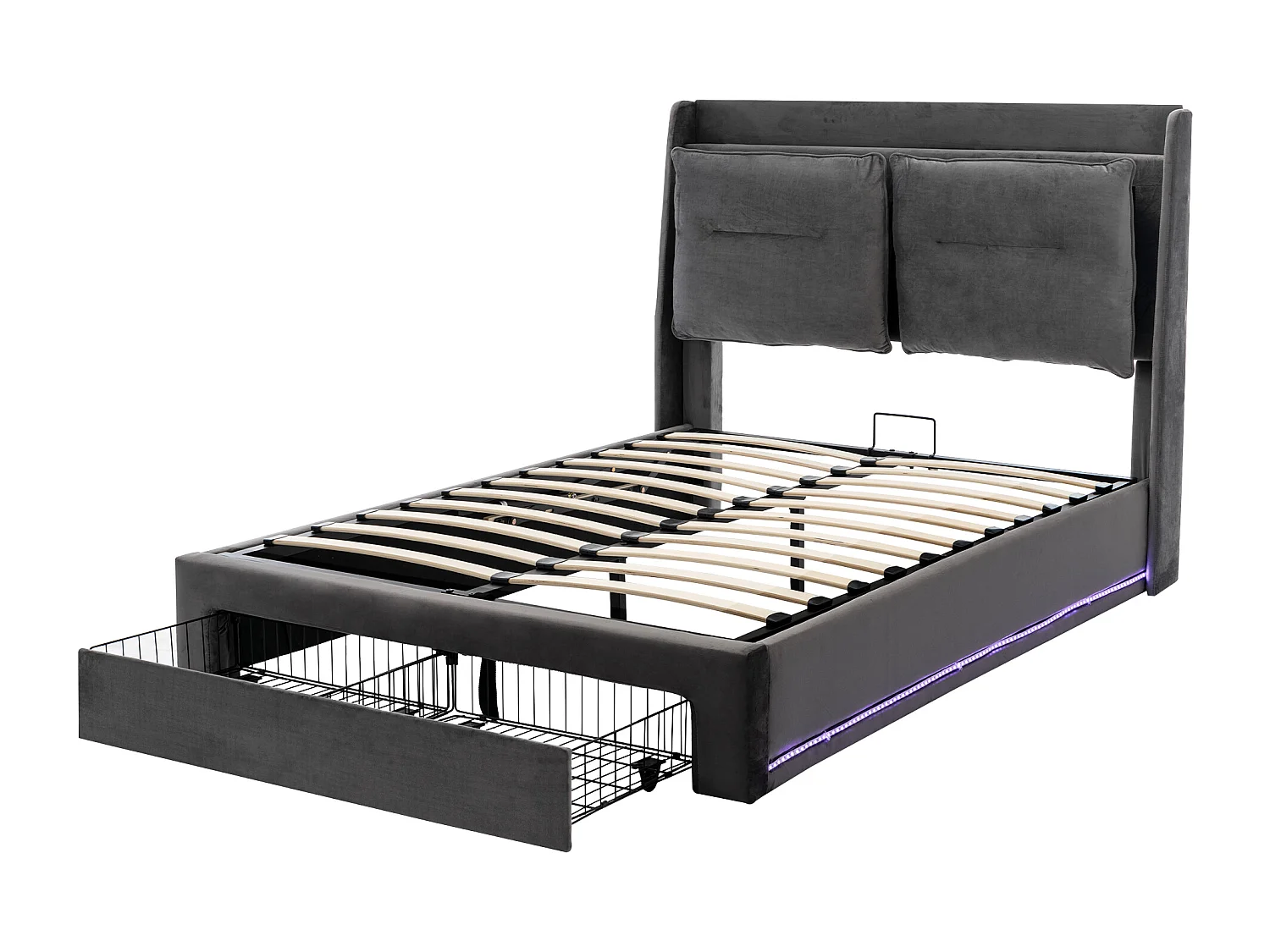 Samtgepolstertes Bett mit Stauraum – 140 x 200 cm – 2 Schubladen am Fußende des Bettes – LED-Lichtleiste am Fußende des Bettes eingelassen – Grau (ohne Matratze)