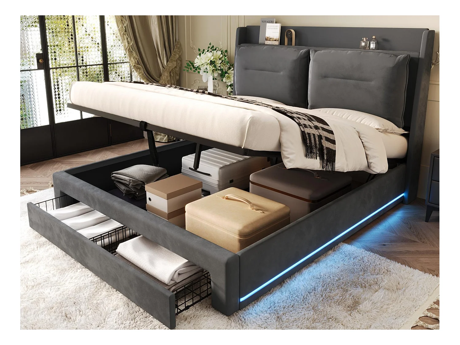 Lit coffre rembourré en velours - 140x200 cm - 2 tiroirs en bout de lit - bande lumineuse LED encastrée au pieds du lit - Gris (sans matelas)
