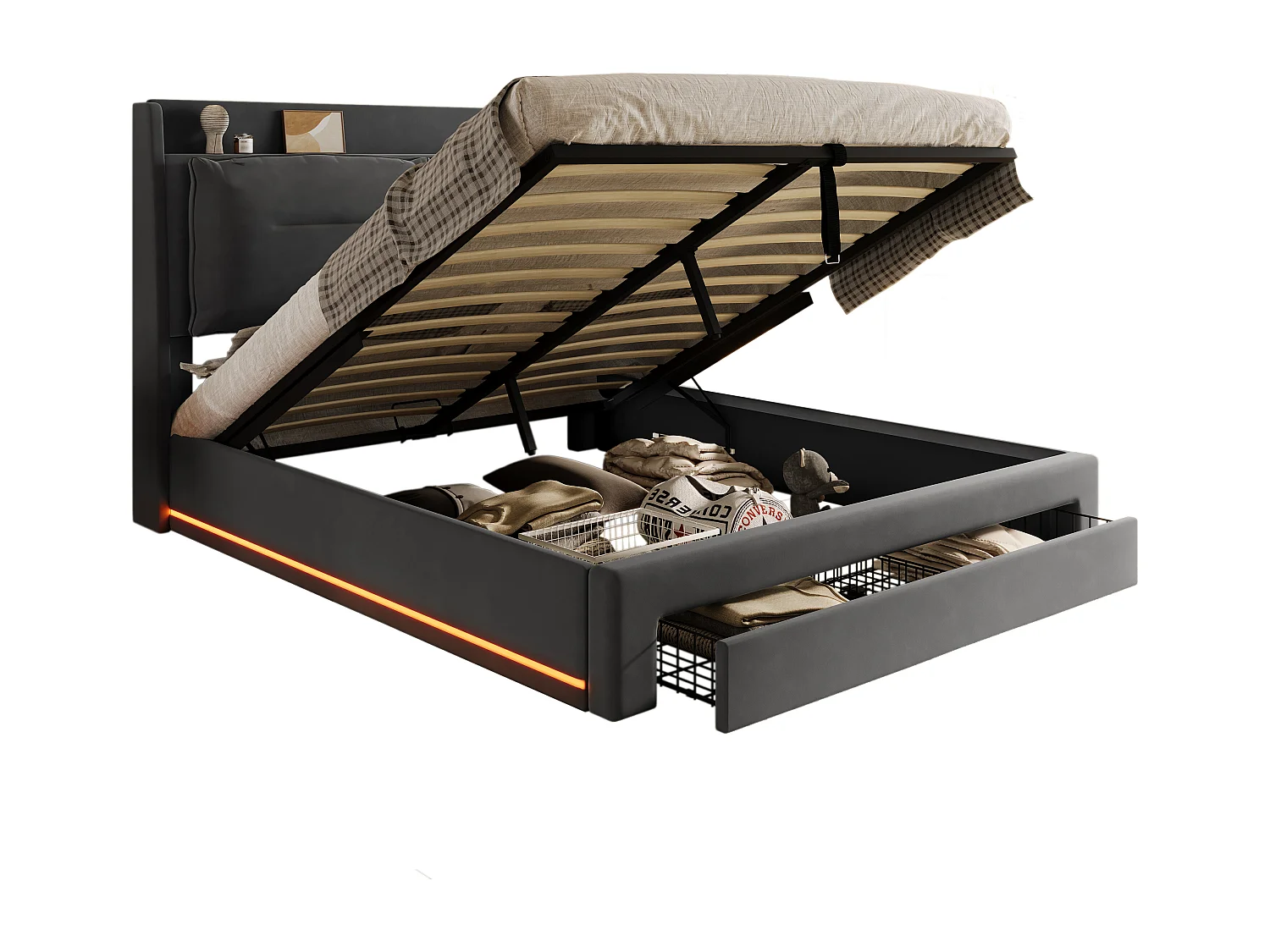 Cama con canapé tapizada en terciopelo - 140x200 cm - 2 cajones a los pies de la cama - Tira de luces LED empotrada a los pies de la cama - Gris (sin colchón)