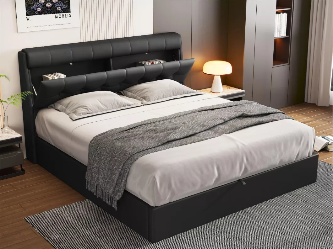 Kauf Unique Bett mit Stauraum 140 x 200 cm aus Kunstleder – mit Stauraum-Kopfteil – Schwarz