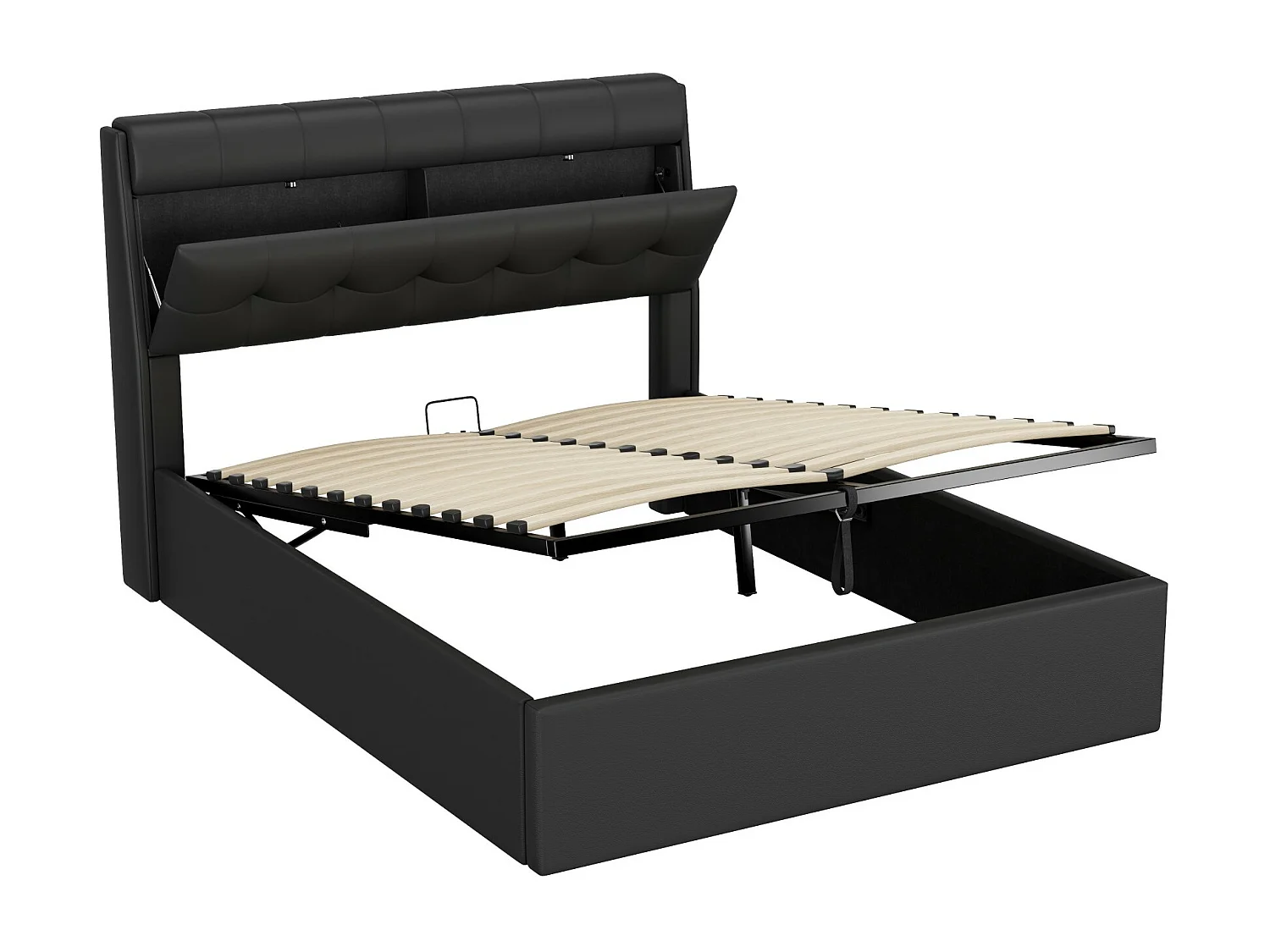 Lit coffre 140x200 cm - en similicuir - tête de lit avec rangement - Noir