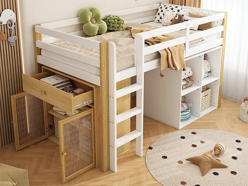 Kindertussenbed 90x200 cm - met opbergmeubel en planken - Wit (zonder matras)