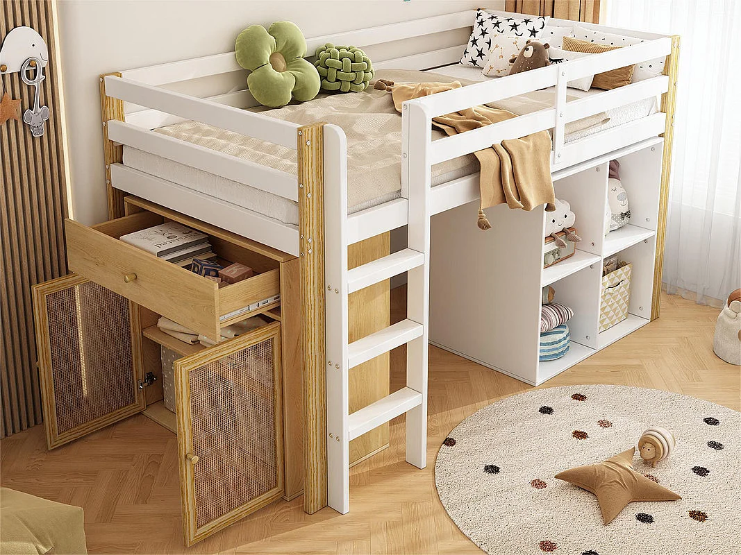 Kindertussenbed 90x200 cm - met opbergmeubel en planken - Wit (zonder matras)