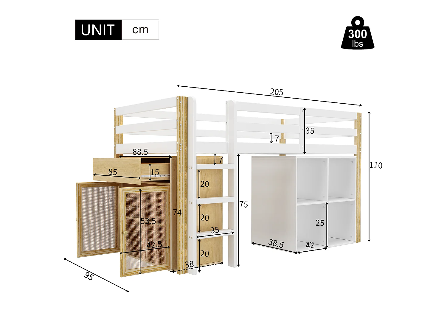 Kindertussenbed 90x200 cm - met opbergmeubel en planken - Wit (zonder matras)