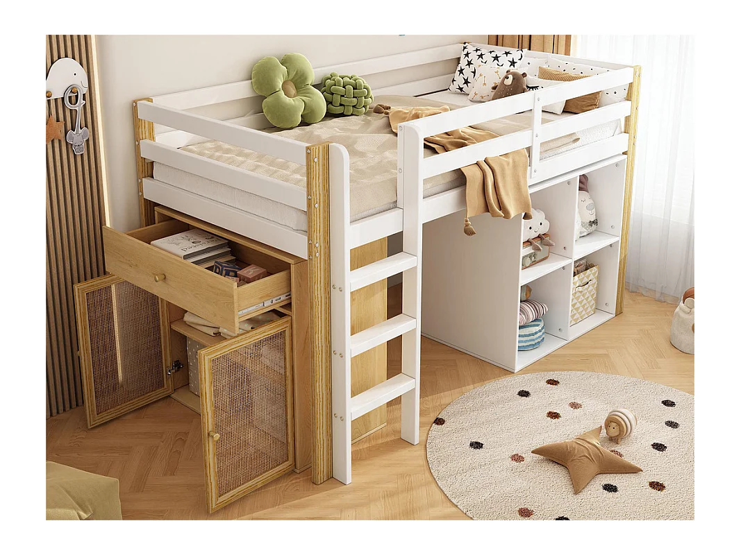 Lit mezzanine pour enfant 90x200 cm - avec meuble de rangement et étagères - Blanc (sans matelas)