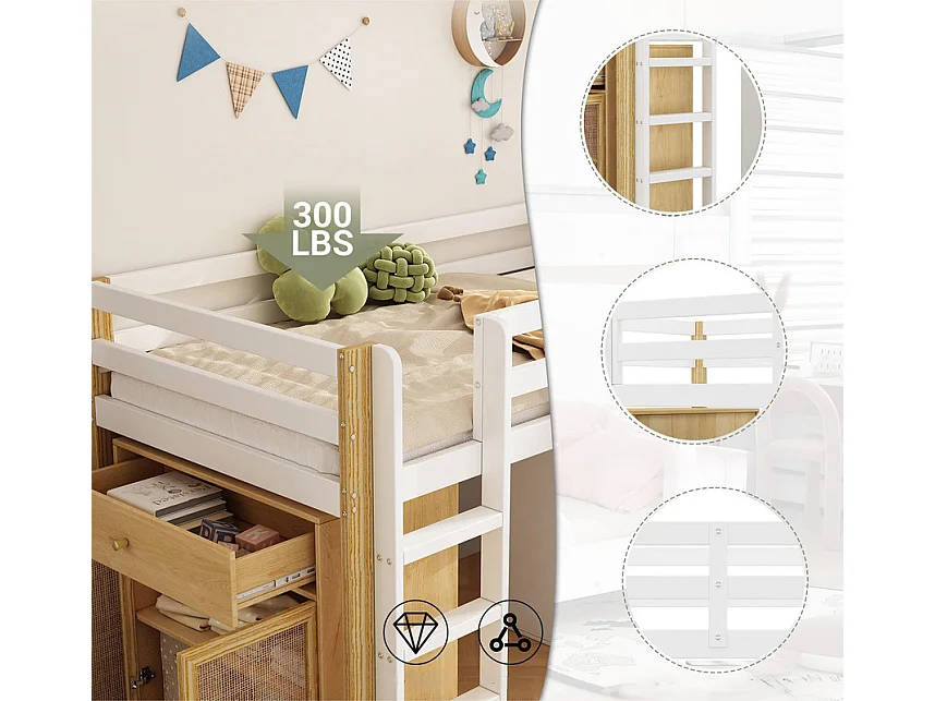 Cama entresuelo infantil 90x200 cm - con mueble de almacenaje y estantes - Blanco (sin colchón)