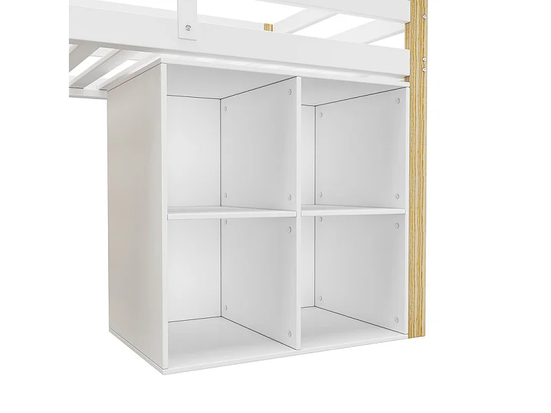 Cama entresuelo infantil 90x200 cm - con mueble de almacenaje y estantes - Blanco (sin colchón)