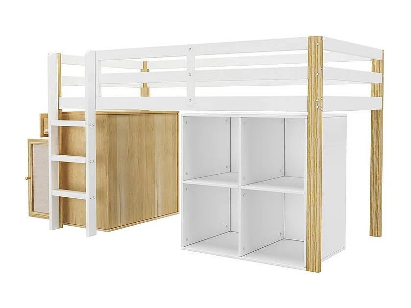 Cama entresuelo infantil 90x200 cm - con mueble de almacenaje y estantes - Blanco (sin colchón)