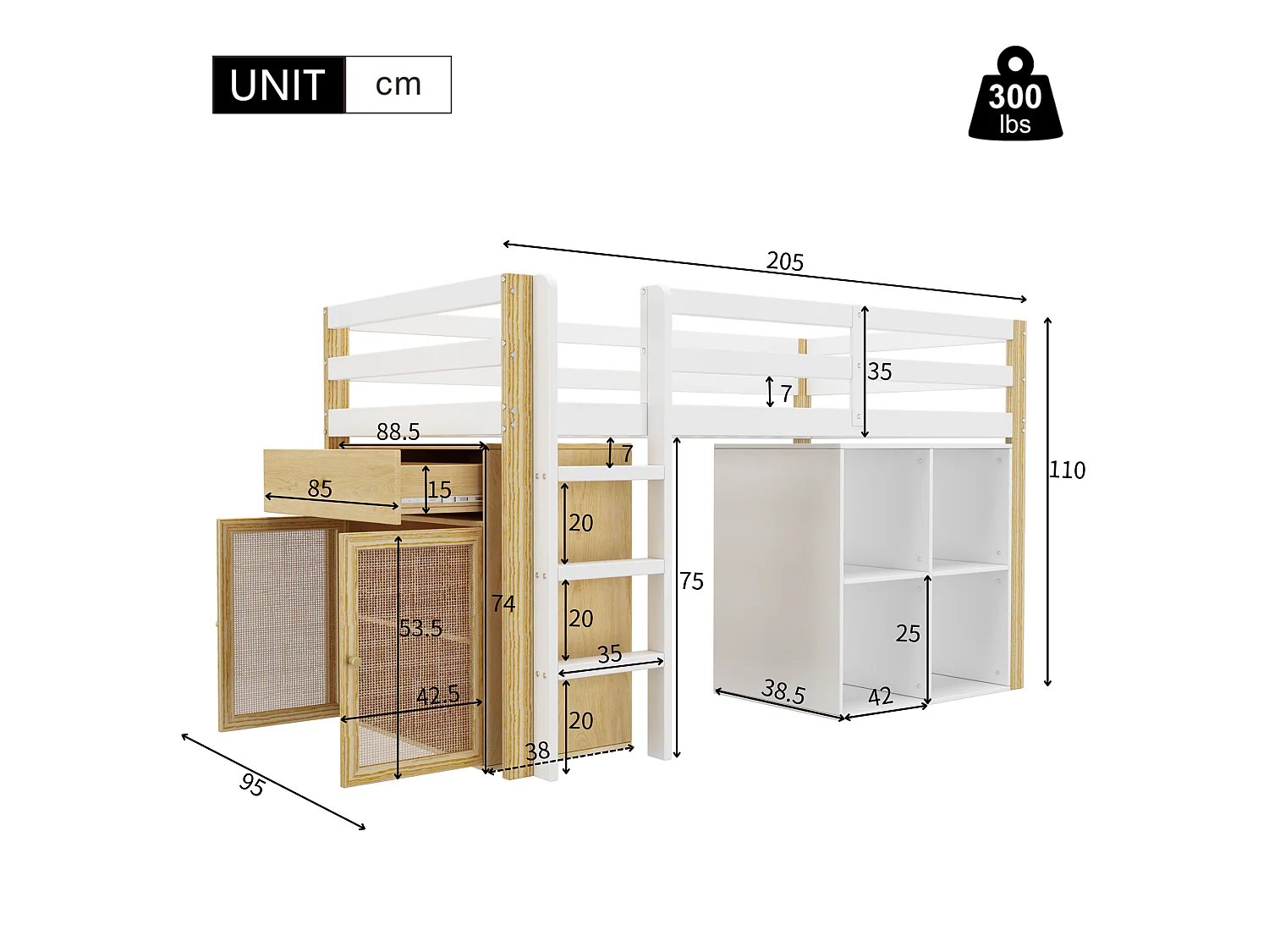 Kindertussenbed 90x200 cm - met opbergmeubel en planken - Wit (zonder matras)