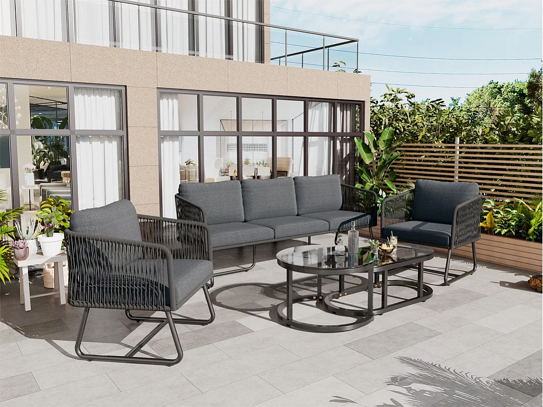 Tuinmeubelset van gegalvaniseerd ijzer en touw - bank, 2 fauteuils en 2 bijzettafels - Grijs