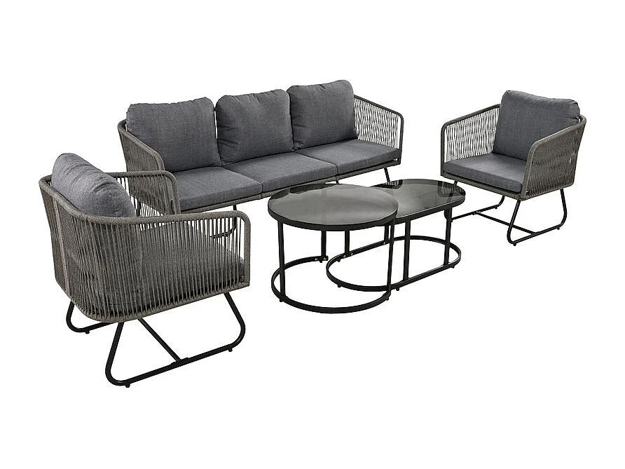 Tuinmeubelset van gegalvaniseerd ijzer en touw - bank, 2 fauteuils en 2 bijzettafels - Grijs