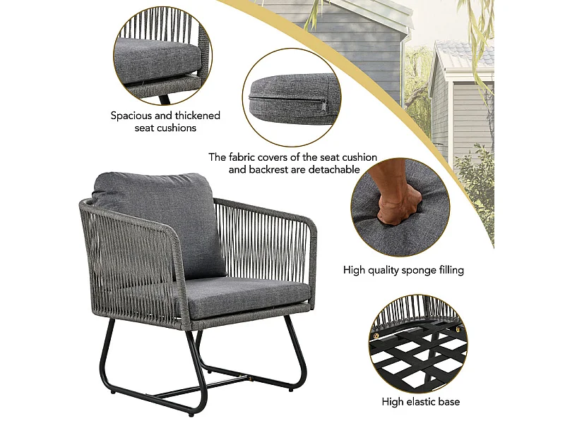 Tuinmeubelset van gegalvaniseerd ijzer en touw - bank, 2 fauteuils en 2 bijzettafels - Grijs