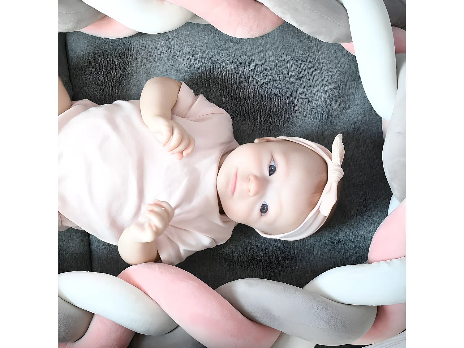 Tour de lit coussin polyester gris et rose 150 x 11 cm