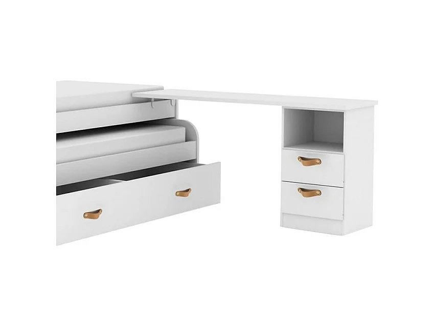 Scrivania, supporto + cassettiera truciolato bianca pelle 76,5x242x45