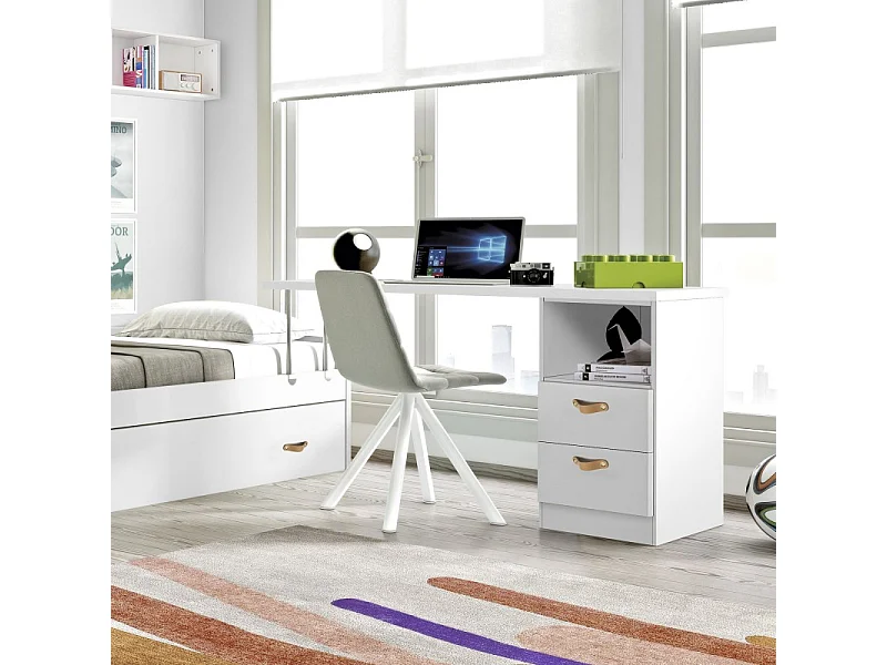 Escritorio + cajonera aglomerado blanco cuero 76,5x242x45cm