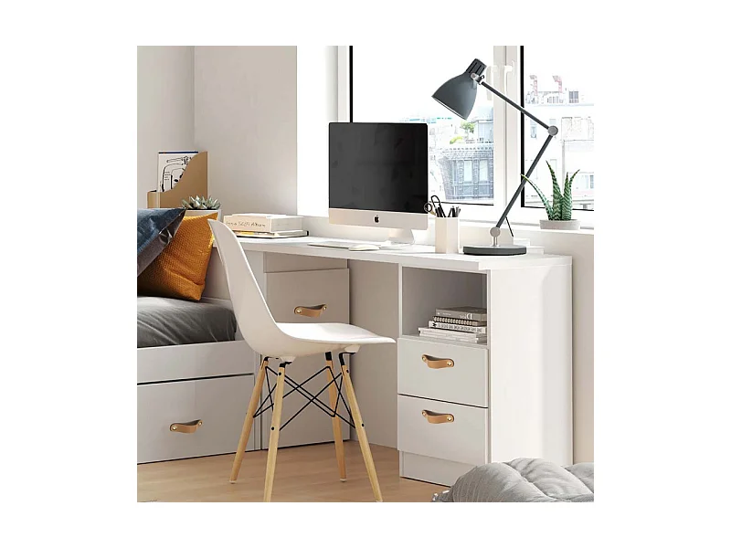 Bureau + rangement 105 aggloméré blanc cuir 76,5x242x45cm