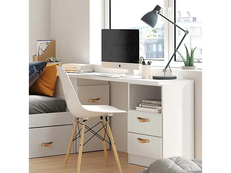 Bureau + rangement 90 aggloméré blanc cuir 76,5x242x45cm