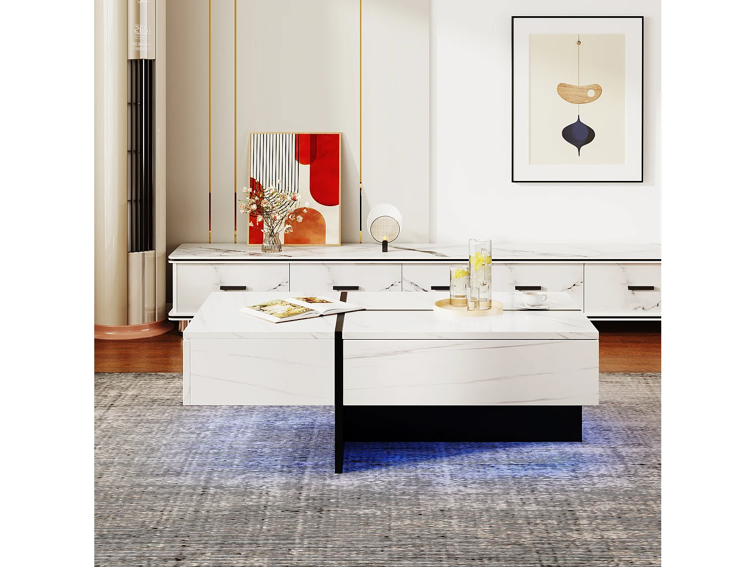 Table basse blanche avec éclairage LED, 2 tiroirs, plateau en placage de marbre