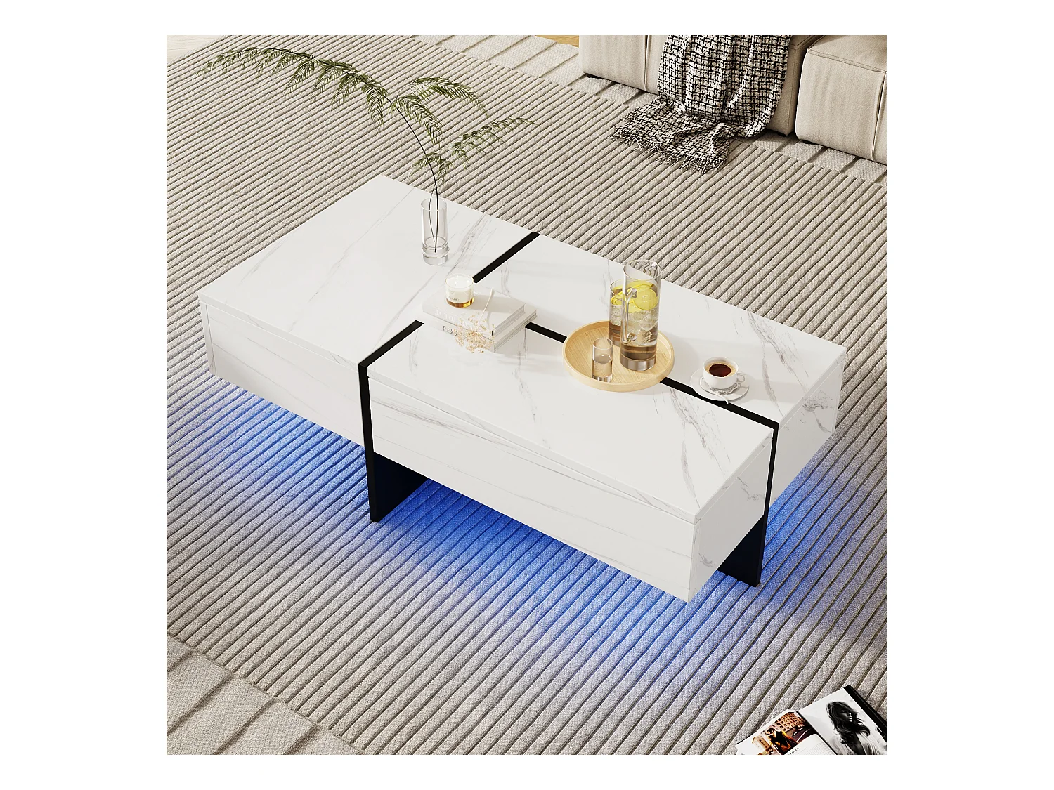 Table basse blanche avec éclairage LED, 2 tiroirs, plateau en placage de marbre