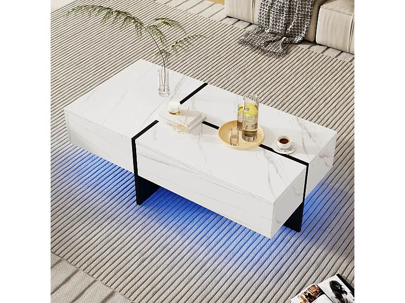 Table basse blanche avec éclairage LED, 2 tiroirs, plateau en placage de marbre