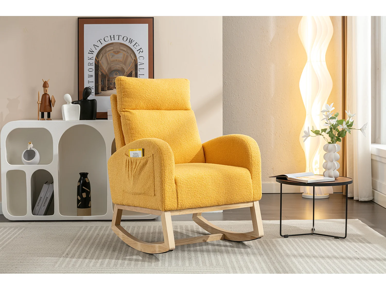 Chaise à bascule rembourrée en tissu Teddy moderne du milieu du siècle - jaune