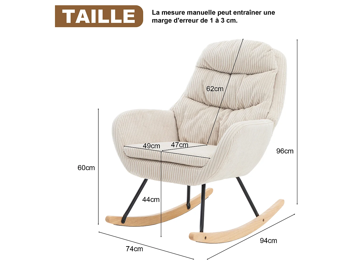 Rocking Chair, fauteuil à bascule en velours côtelé beige，structure en fer