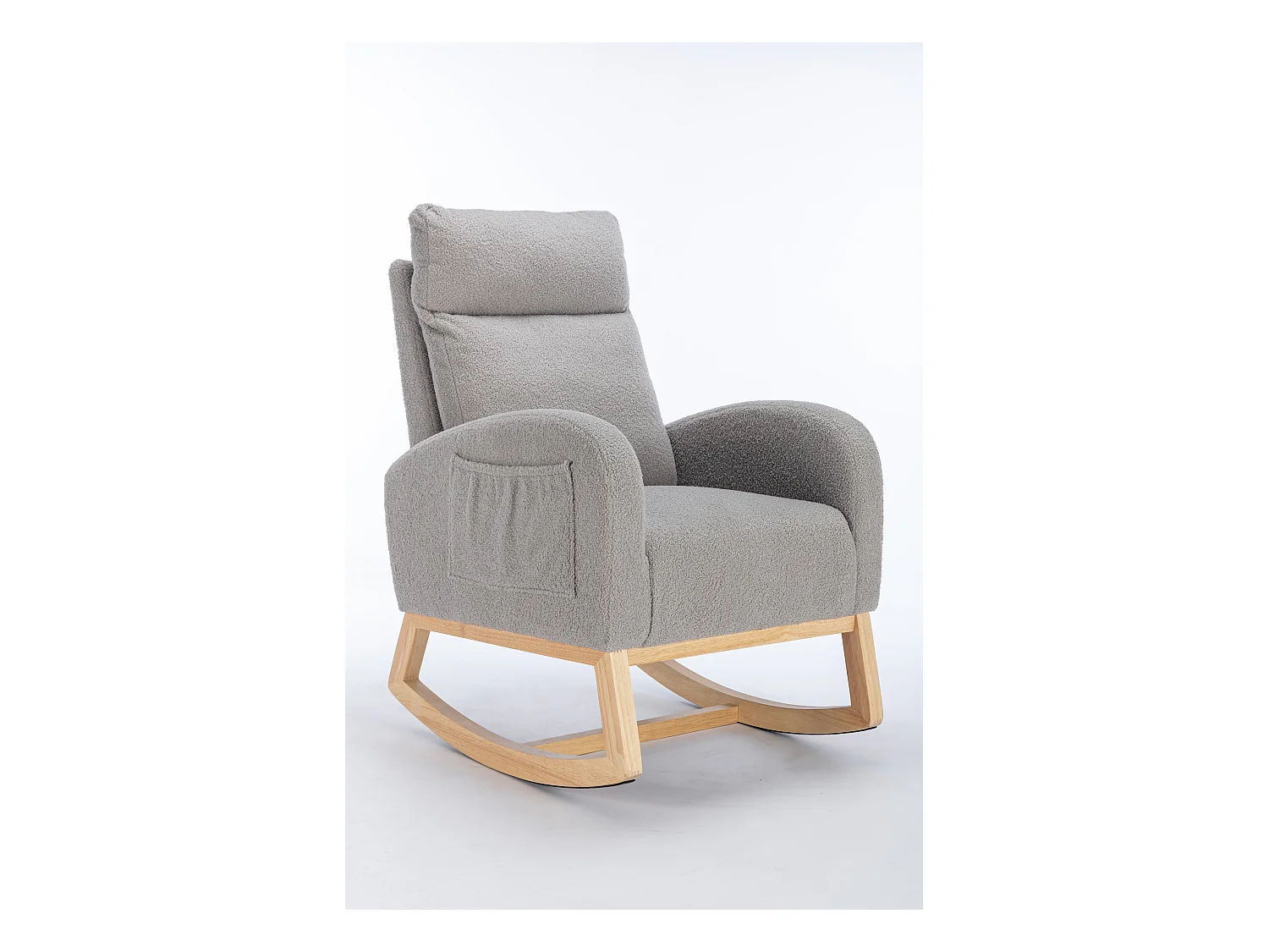 Chaise à bascule rembourrée en tissu Teddy moderne du milieu du siècle - gris clair