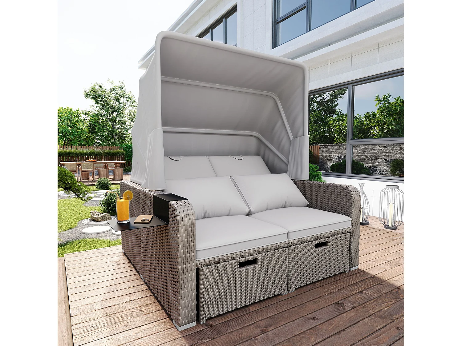 Canapé de jardin 2 places - Canapé lounge avec store amovible - assise rétractable - kaki