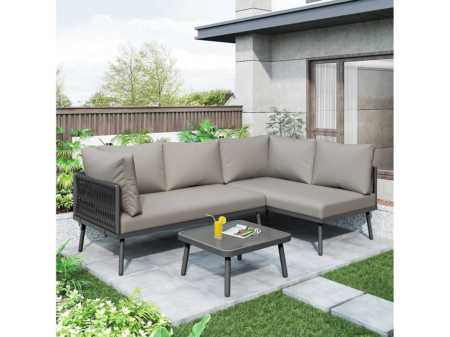 Ensemble de salon de jardin en acier avec coussin de siège et pieds réglables - en forme de L - gris