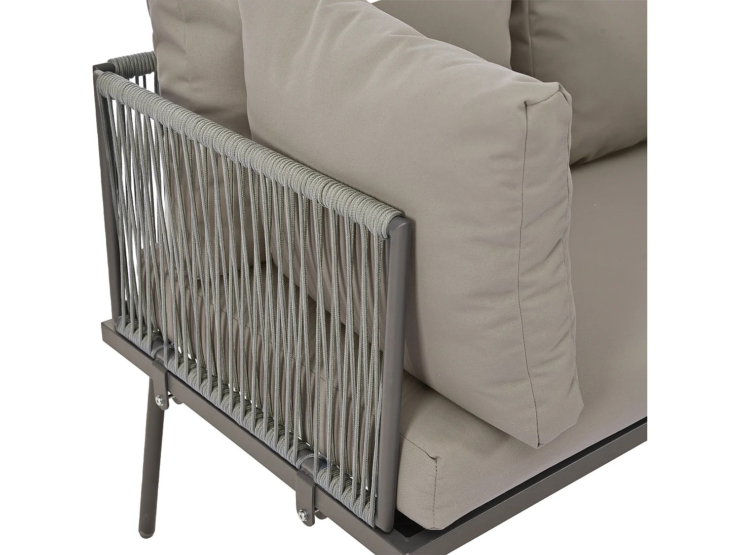 Ensemble de salon de jardin en acier avec coussin de siège et pieds réglables - en forme de L - gris