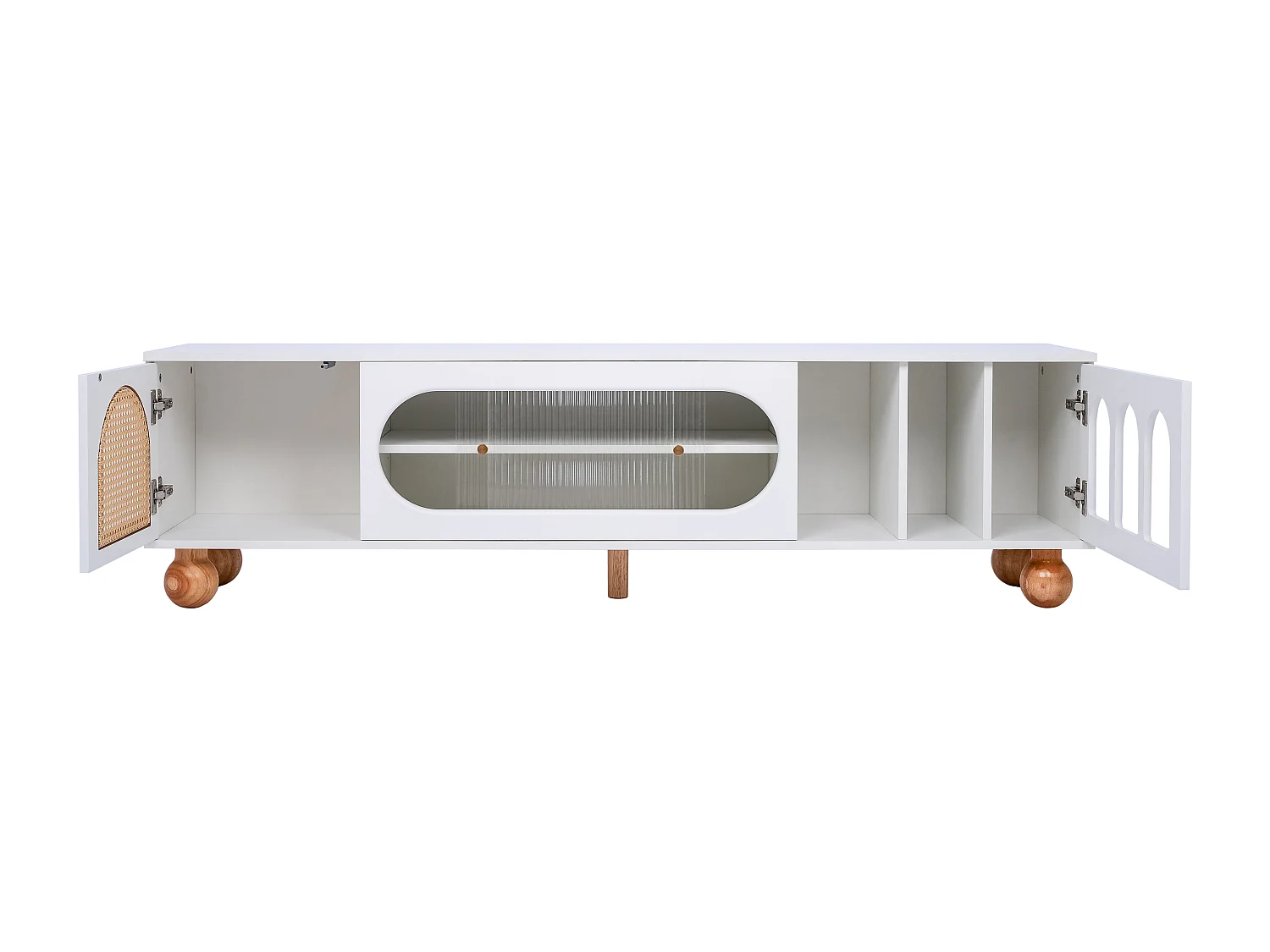 Meuble TV  170 cm - porte en rotin - porte coulissante en verre - pieds en bois massif