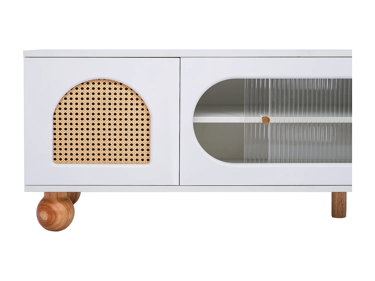 Meuble TV  170 cm - porte en rotin - porte coulissante en verre - pieds en bois massif