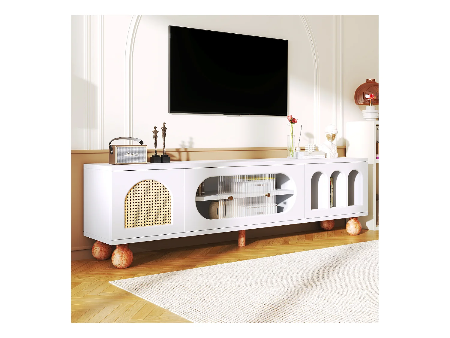 Meuble TV  170 cm - porte en rotin - porte coulissante en verre - pieds en bois massif
