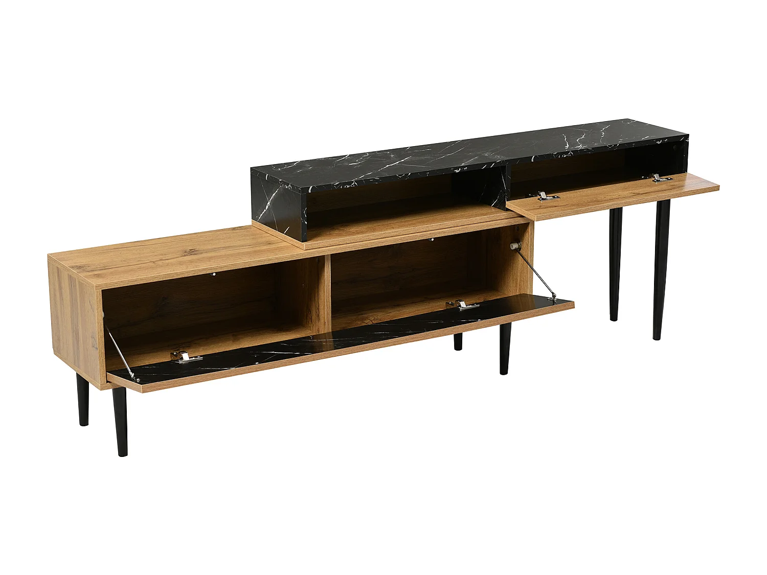 Meuble TV moderne 129x30x58 cm - motif marbre et grain de bois - bord en PVC, pieds en fer - bois foncé