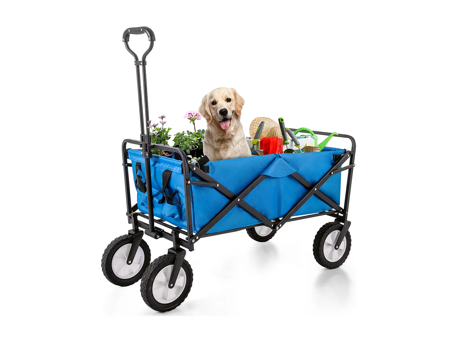 Chariot de jardin pliable - tout-terrain extérieur - avec poignées réglables - bleu