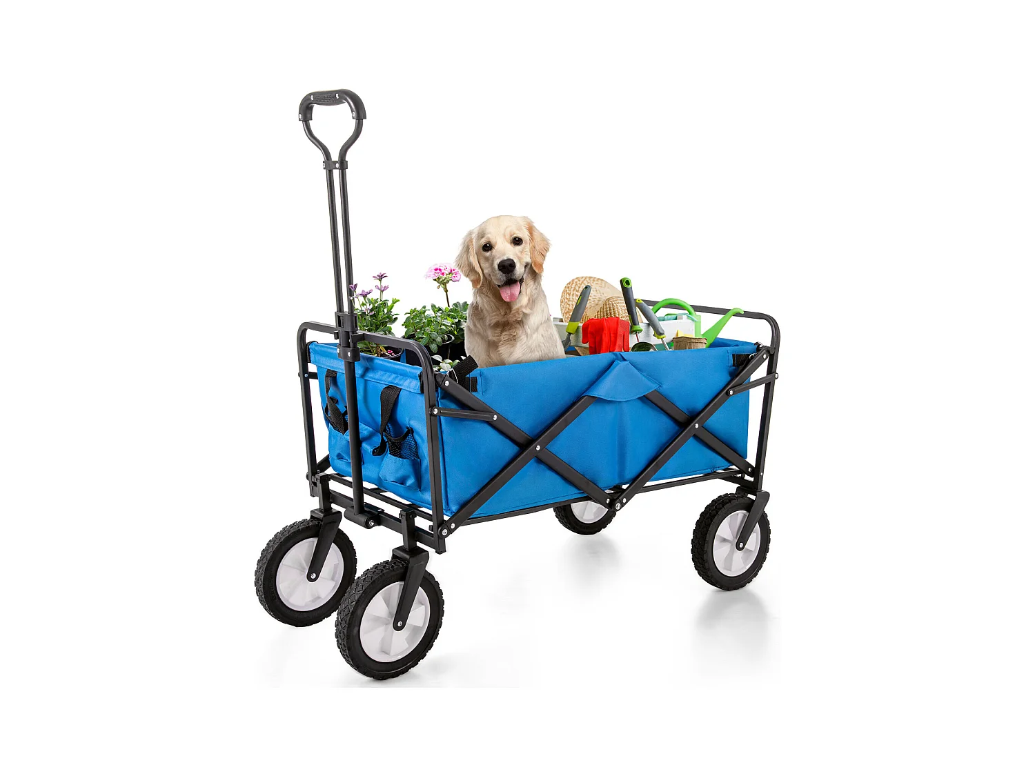 Chariot de jardin pliable - tout-terrain extérieur - avec poignées réglables - bleu
