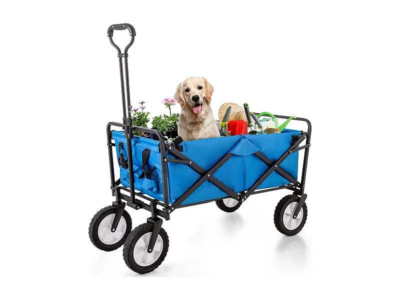 Chariot de jardin pliable - tout-terrain extérieur - avec poignées réglables - bleu