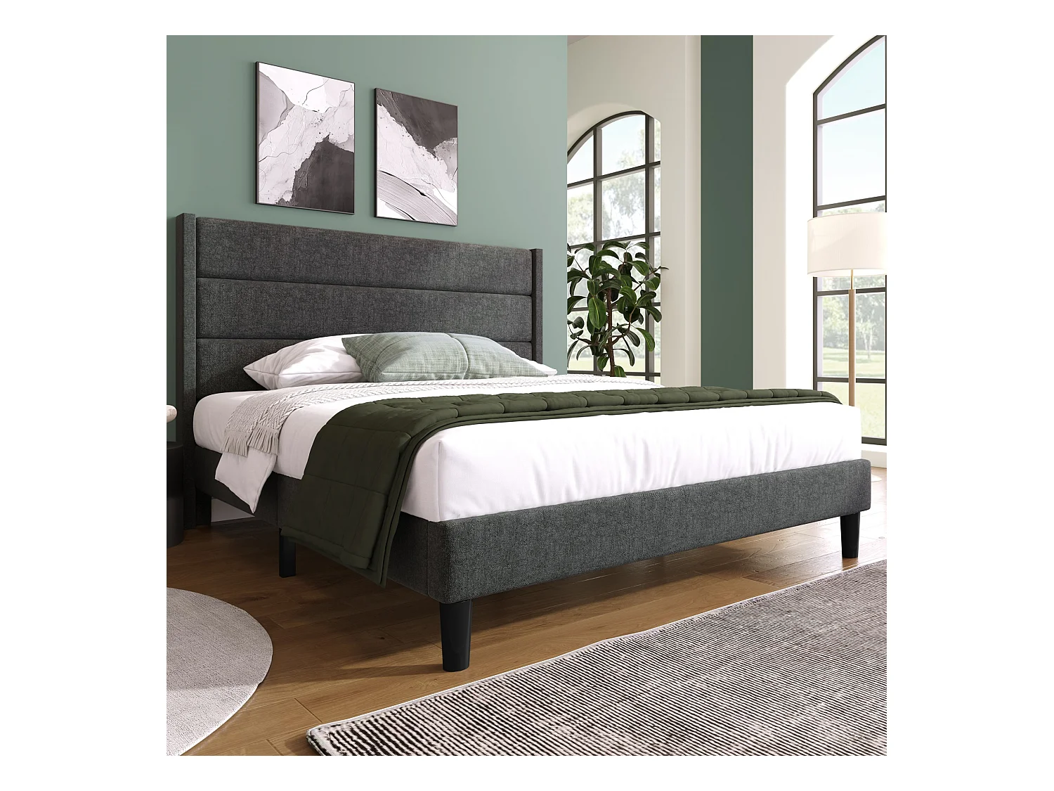 Lit adulte 140x200 cm, lit ado avec tête de lit capitonné - lin gris - sans matelas