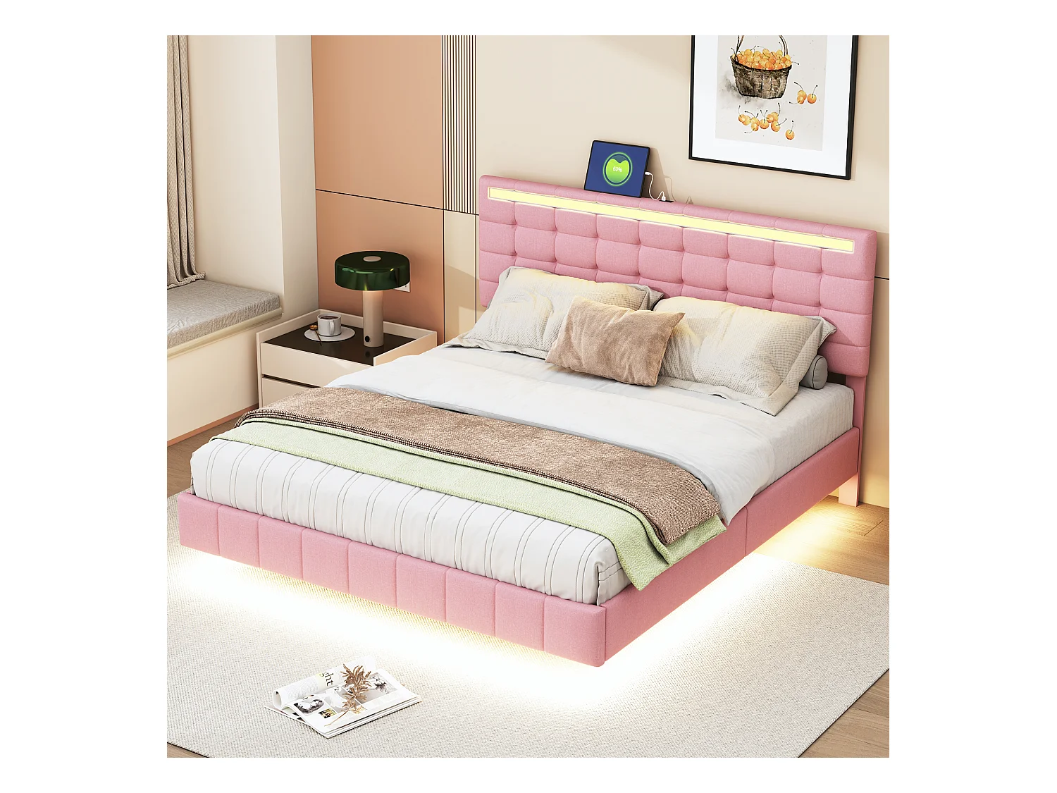 Lit adulte 160 x 200 cm - lit double avec éclairage LED - tissu en  lin rose - sans matelas