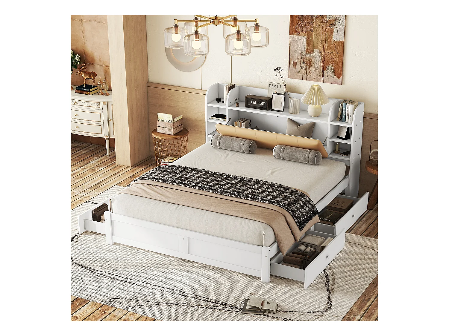 Lit adulte 180x200 cm lit double avec tiroirs et chevet de rangement - en bois de pin - blanc - sans matelas