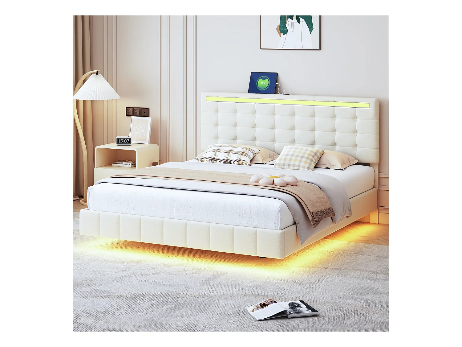 Lit adulte 160 x 200 cm - Lit double avec éclairage LED et tête de lit capitonné - tissu en lin beige - sans matelas