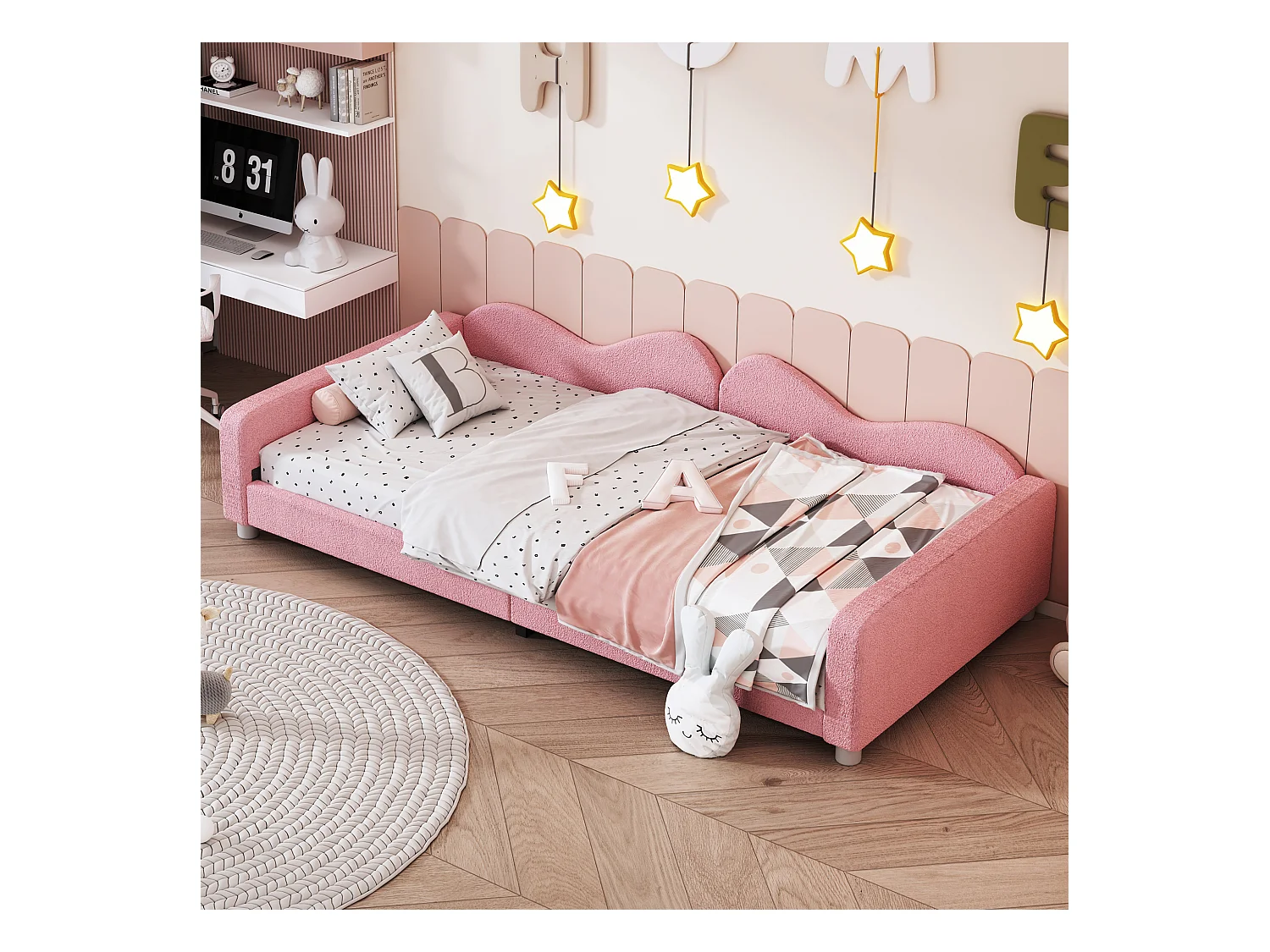 Lit simple 90x200 cm lit enbfant avec avec dossier et accoudoirs - tissu en velours rose - sans matelas