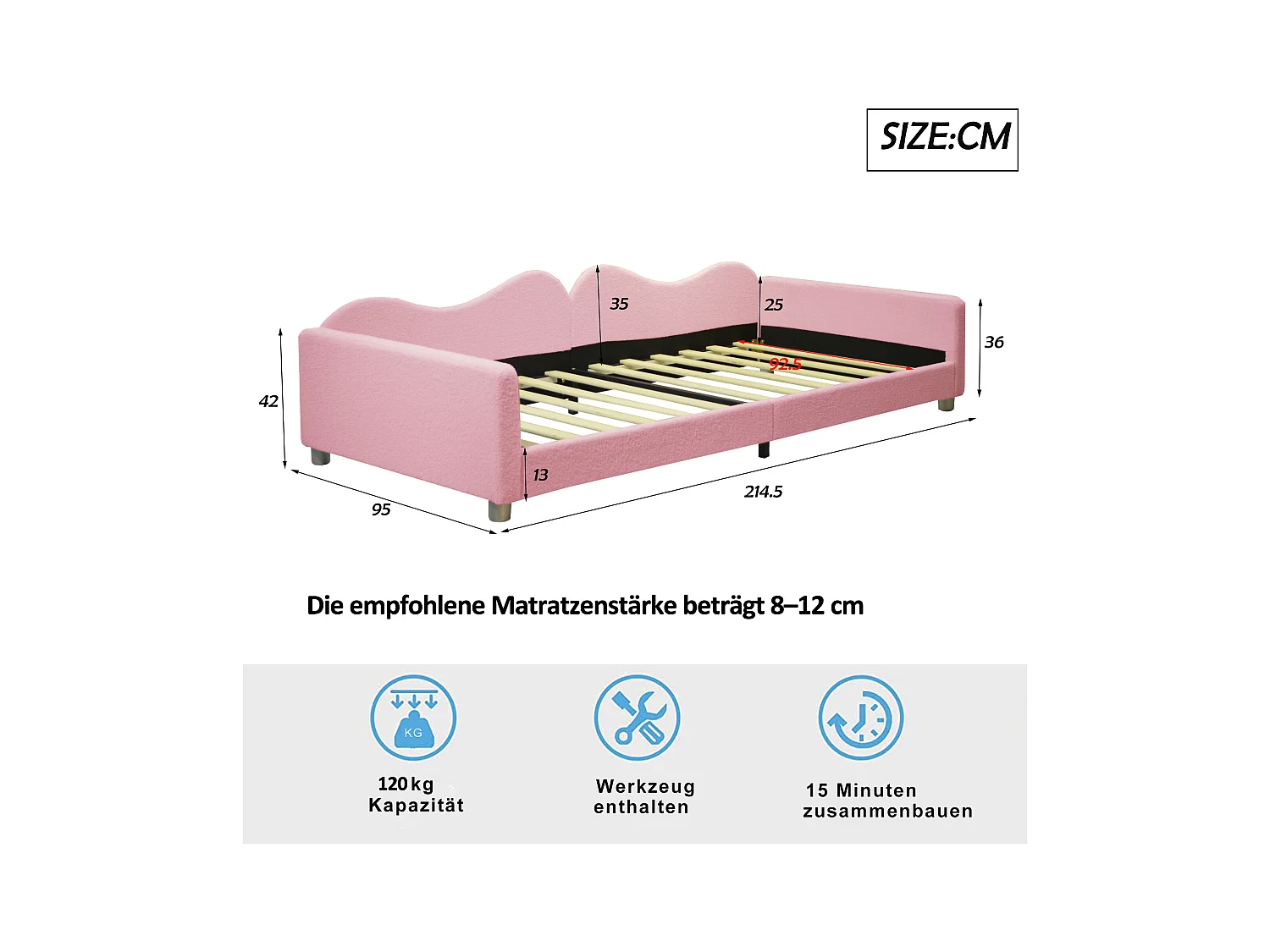 Lit simple 90x200 cm lit enbfant avec avec dossier et accoudoirs - tissu en velours rose - sans matelas