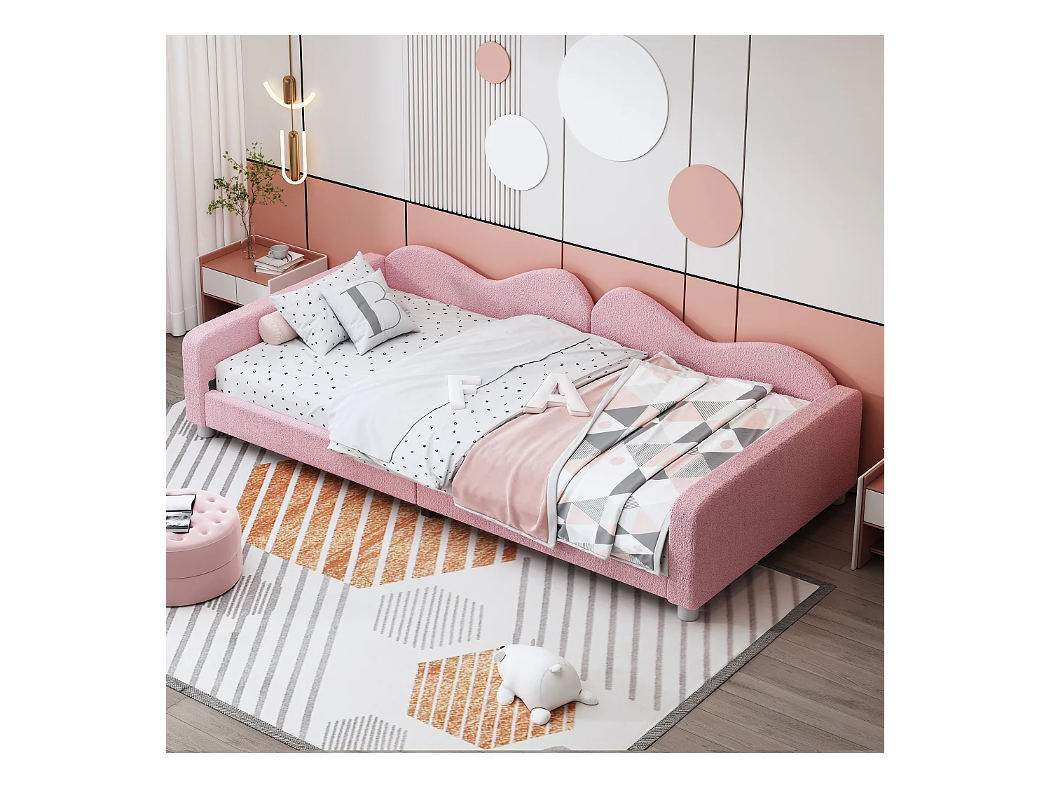 Lit simple 90x200 cm lit enbfant avec avec dossier et accoudoirs - tissu en velours rose - sans matelas