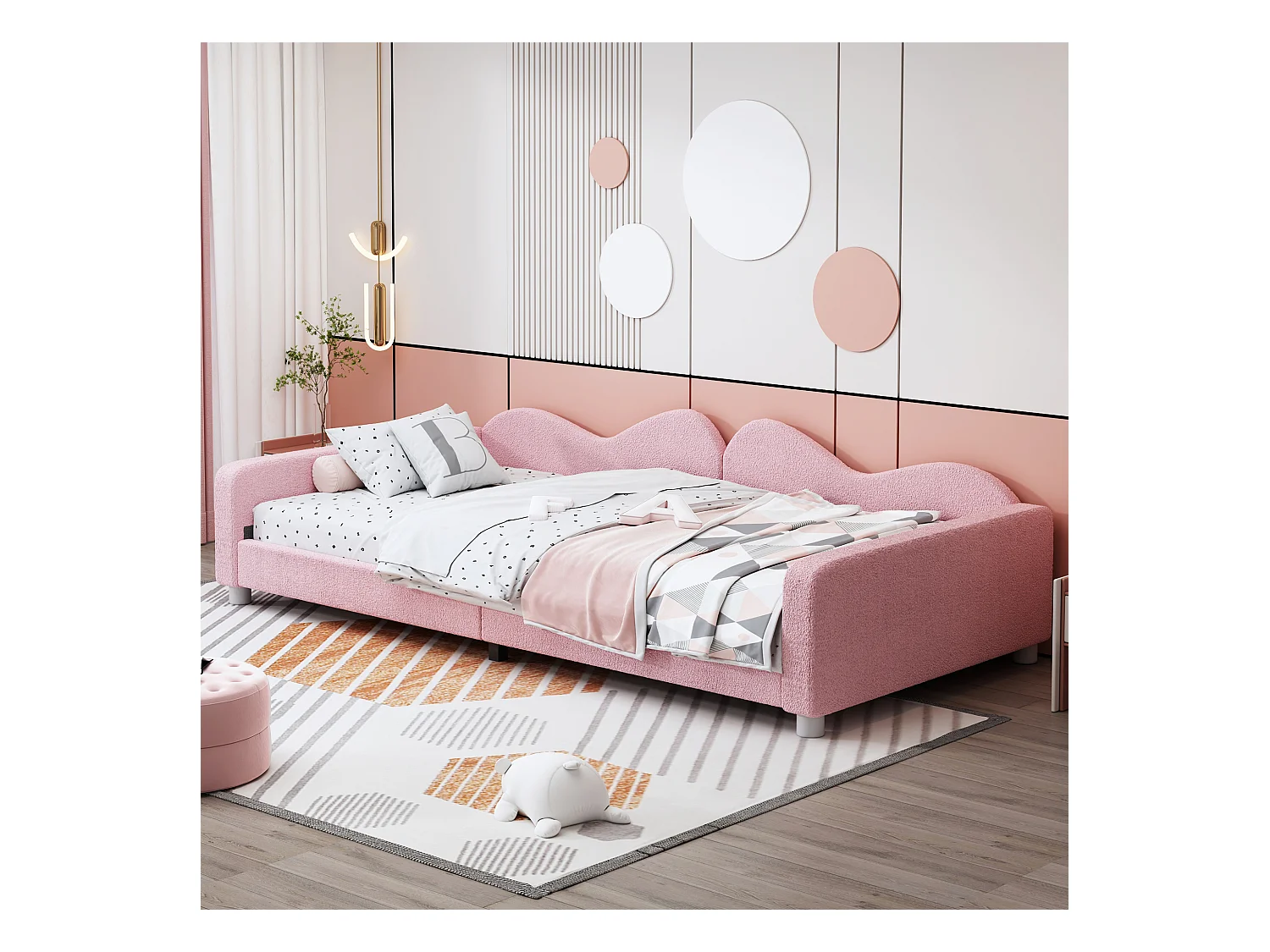 Lit simple 90x200 cm lit enbfant avec avec dossier et accoudoirs - tissu en velours rose - sans matelas